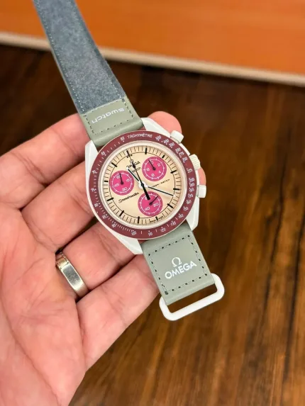 ساعت امگا سواچ طوسی کرم زرشکی | Omega Swatch Watch
