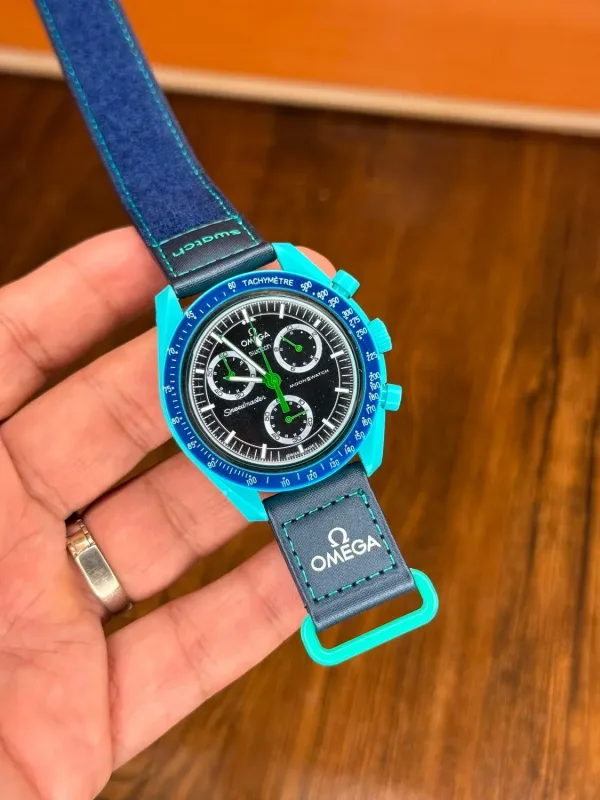 ساعت امگا سواچ بند سرمه ای دور صفحه آبی | Omega Swatch Watch