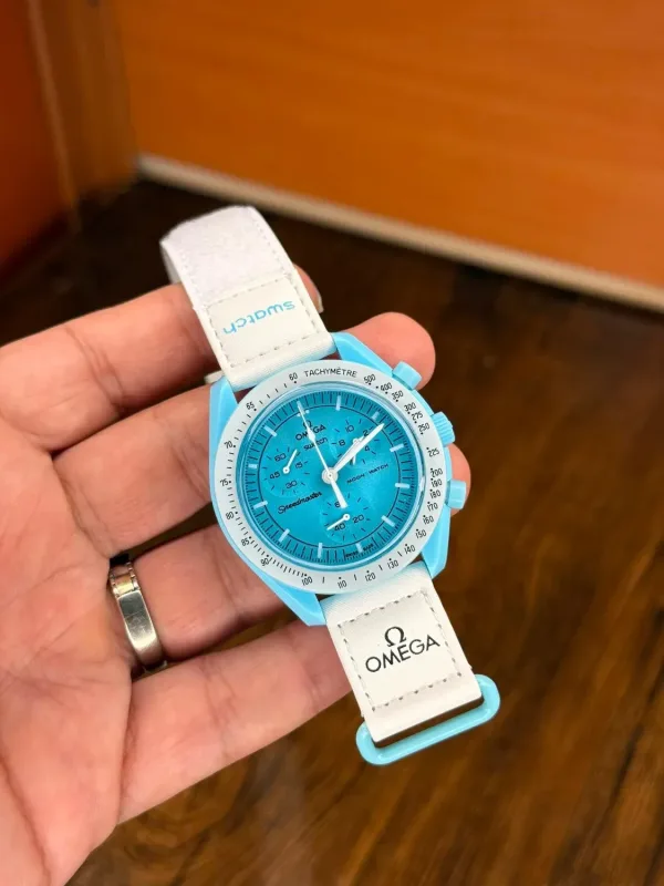 ساعت امگا سواچ بند سفید صفحه آبی | Omega Swatch Watch