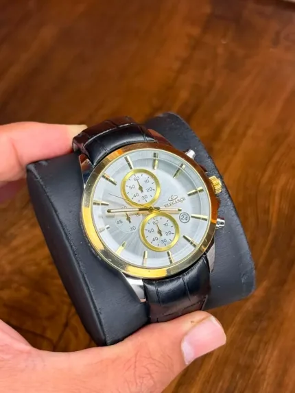 ساعت الگانس بند مشکی دور طلایی | Elegance Chronograph
