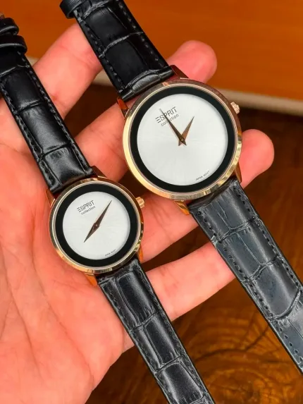 ساعت اسپریت ست موتور ژاپن بند مشکی صفحه سفید طلایی | Esprit Watch Set